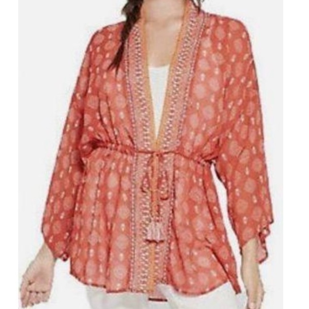 Xhilaration Sheer Boho Kimono Red with White Detail Size M/L‎